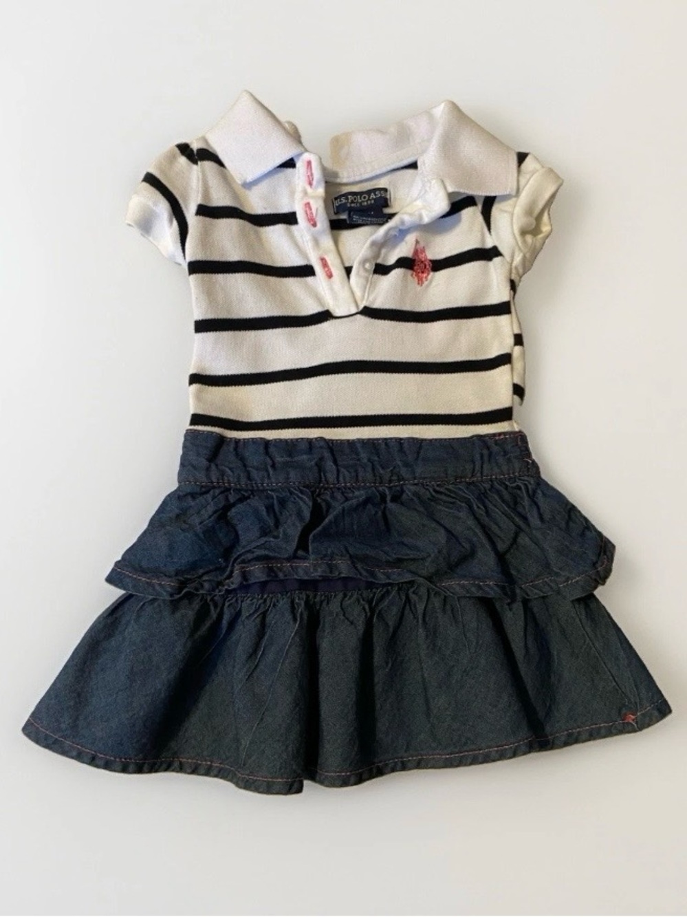 U.S. Polo 3/6M baby girl blue white striped pink logo dress
